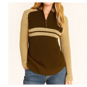 Vintage 90s Y2K Chenille Ribbed 1/4 Zip Pullover Sweater Striped M Baggy Brown